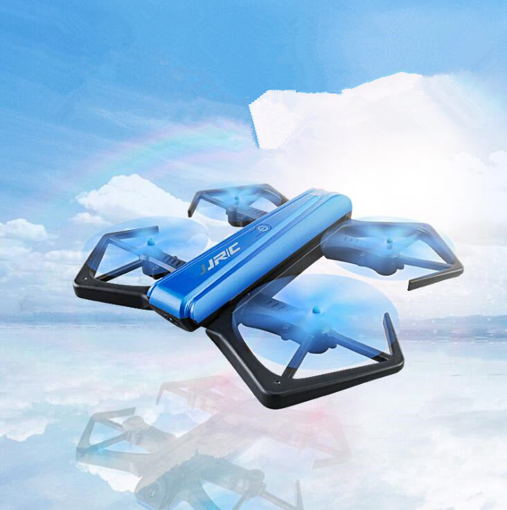a blue drone flying in the sky