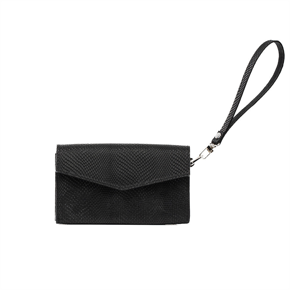 a black purse with a strap