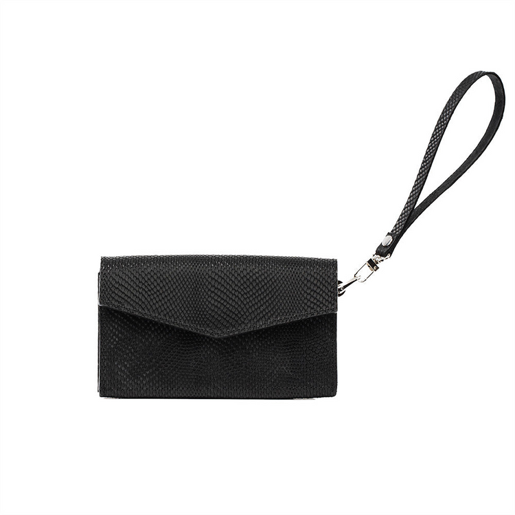 a black purse with a strap