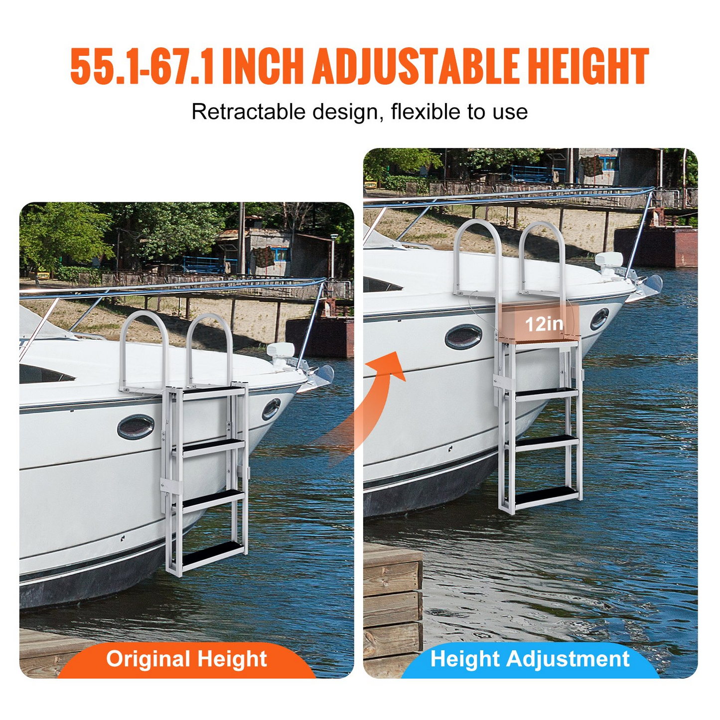 VEVOR Dock Ladder, Retractable 4 Steps, 350 lbs Load Capacity, Aluminum Alloy Pontoon Boat Ladder with 55.1''-67.1'' Adjustable Height, 4'' Wide Step & Rubber Mat, for Ship/Lake/Pool/Marine Boarding