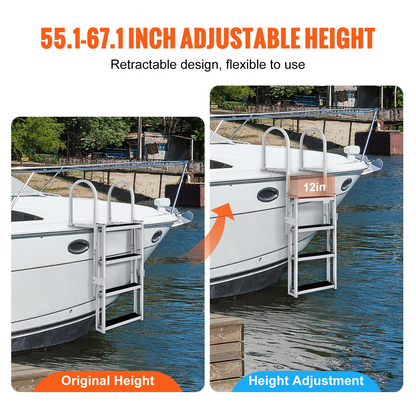 VEVOR Dock Ladder, Retractable 4 Steps, 350 lbs Load Capacity, Aluminum Alloy Pontoon Boat Ladder with 55.1''-67.1'' Adjustable Height, 4'' Wide Step & Rubber Mat, for Ship/Lake/Pool/Marine Boarding