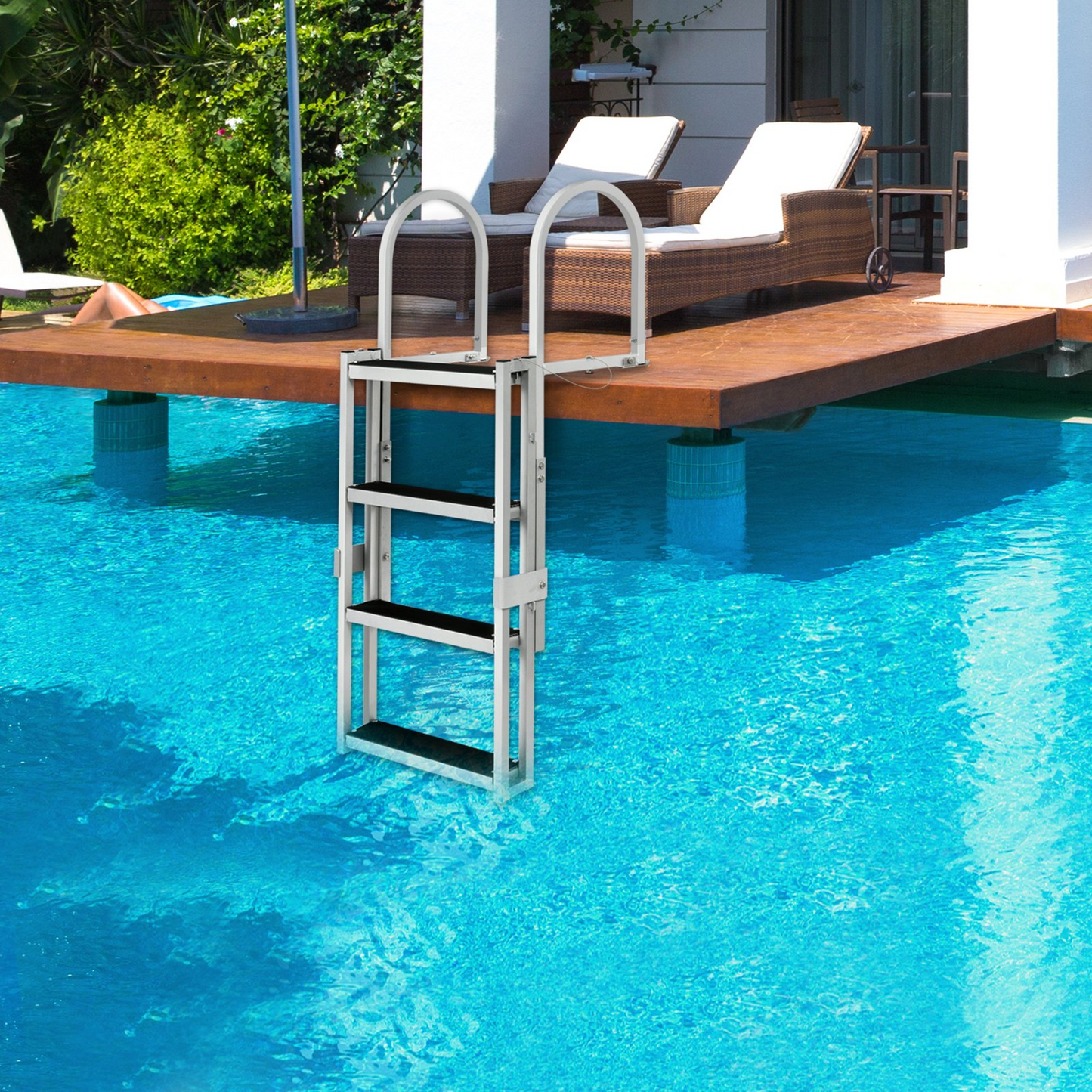 VEVOR Dock Ladder, Retractable 4 Steps, 350 lbs Load Capacity, Aluminum Alloy Pontoon Boat Ladder with 55.1''-67.1'' Adjustable Height, 4'' Wide Step & Rubber Mat, for Ship/Lake/Pool/Marine Boarding