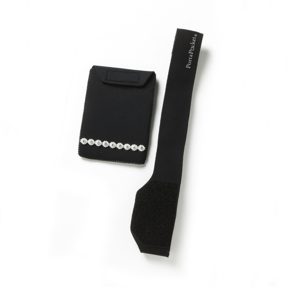 a black fabric strap and a black strap