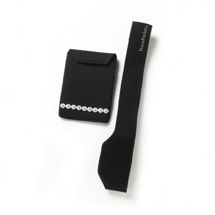 a black fabric strap and a black strap
