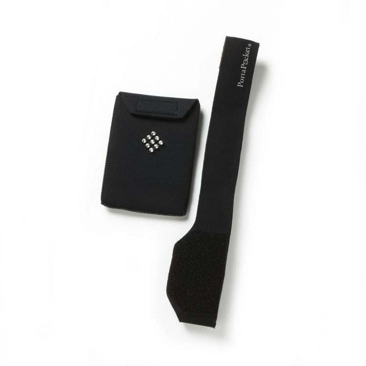 a black fabric pouch with a strap and a small black object with a small silver object on it