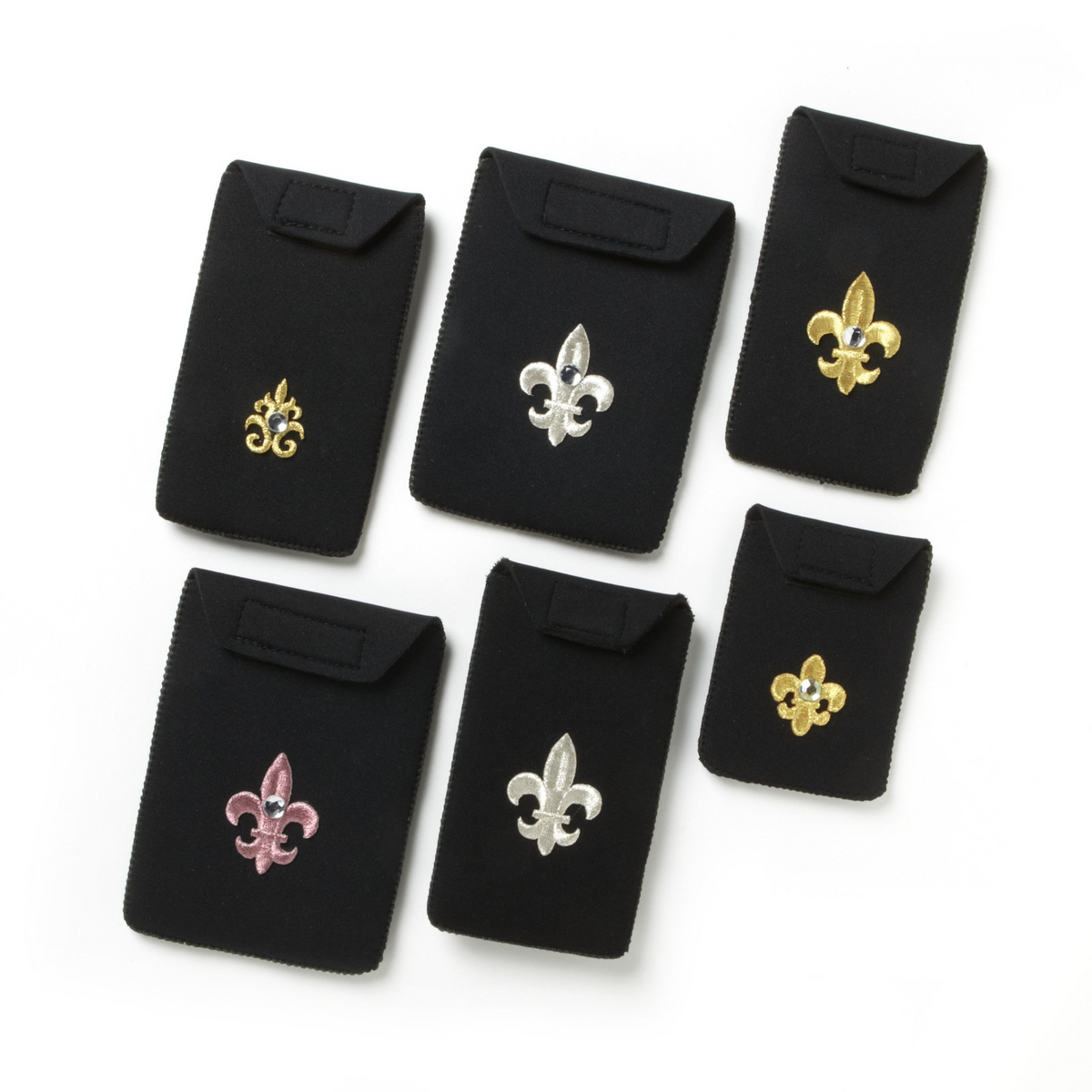 a group of black pouches with gold and silver fleur de lis