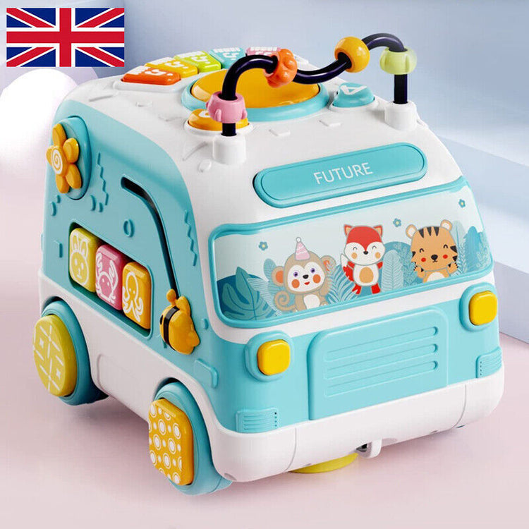 a blue and white toy with a cartoon animal on it