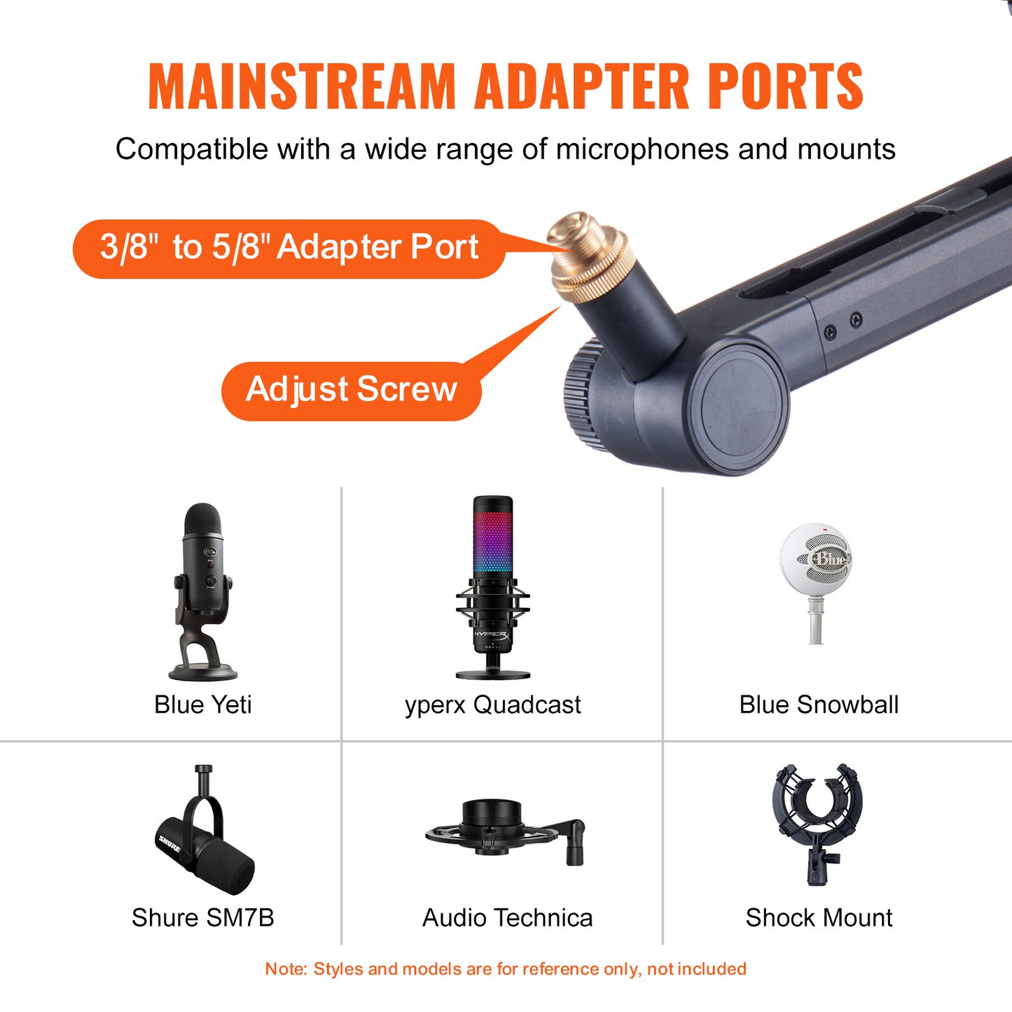 VEVOR Microphone Boom Arm with Desk Mount, 360° Rotatable, Adjustable Mic Stand with 3/8" to 5/8" Adapter Port Headset Hook, for Blue Yeti Hyperx Quadcast Blue Snowball Shure SM7B Audio Technica