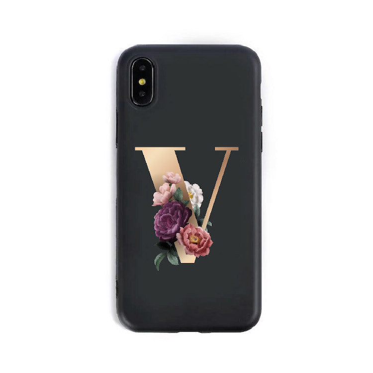 a black phone case with a letter v and flowers