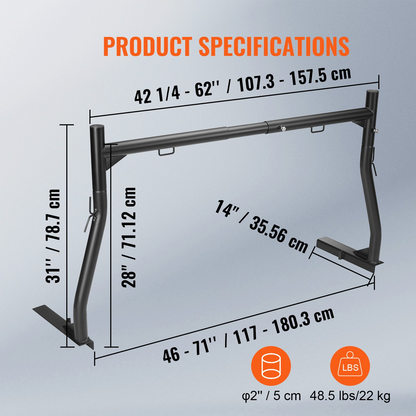 VEVOR Truck Rack, 46-71inch Extendable Truck Ladder Rack, 800 lbs Capacity Steel Ladder Rack for Truck with Non-Drilling J-bolts, Heavy Duty Truck Bed Rack for Kayak, Surfboard, Lumber, Ladder