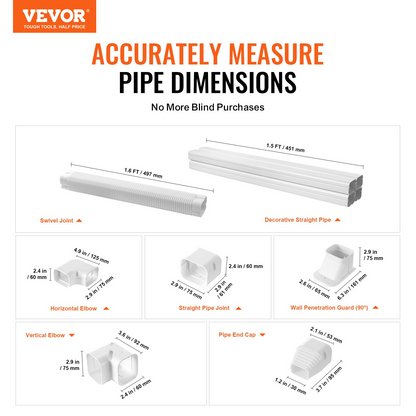 VEVOR Mini Split Line Set Cover 3-inch W 10Ft L, PVC Decorative Pipe Line Cover For Air Conditioner with 5 Straight Ducts & Full Components Easy to Install, Paintable for Heat Pumps, White
