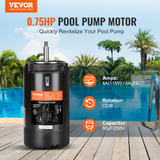 VEVOR 0.75 HP Pool Pump Motor, 56J Frame, 115V(8 Amps)/230V(4 Amps) 3450 RPM, 60Hz, 1.5 Service Factor, 80μF/250V Capacitor, CCW Rotation Round Flange Replacement Motor