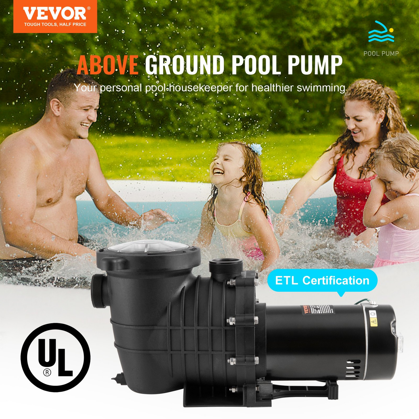 VEVOR Above Ground Pool Pump, 1.5 HP, 100 GPM Single Speed Swimming Pool Pump, 110V/240V 3450 RPM 50.9 ft Max Head Pool Pump with Filter Basket, for Above Ground Pools Hot Tubs Spas,Tested to UL Standards