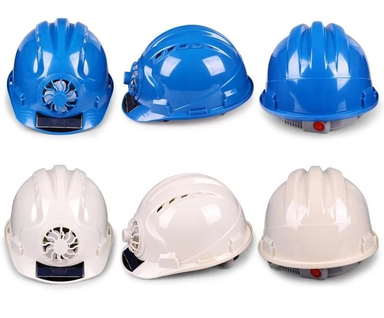 several hard hats with a solar panel