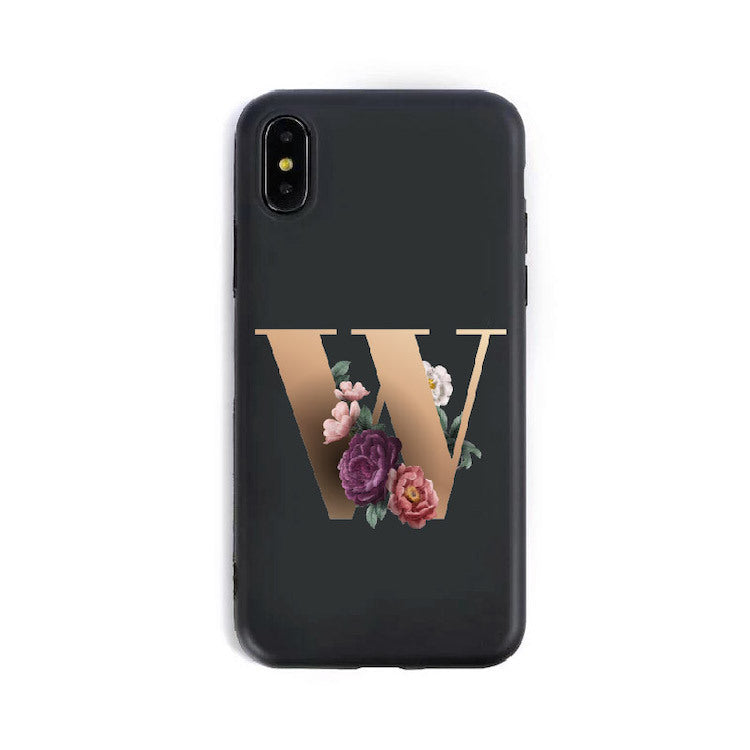 a black phone case with a letter on it