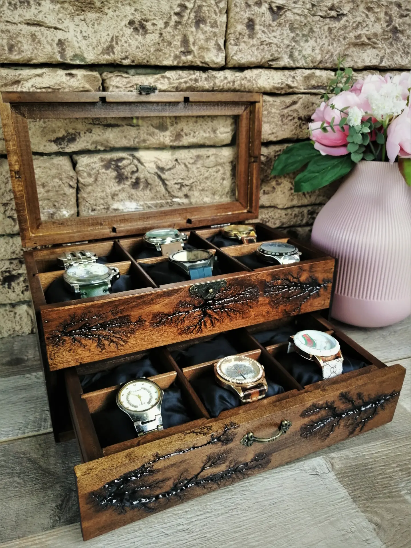 Wood Watch Box 12 Slots Lichtenberg Figure