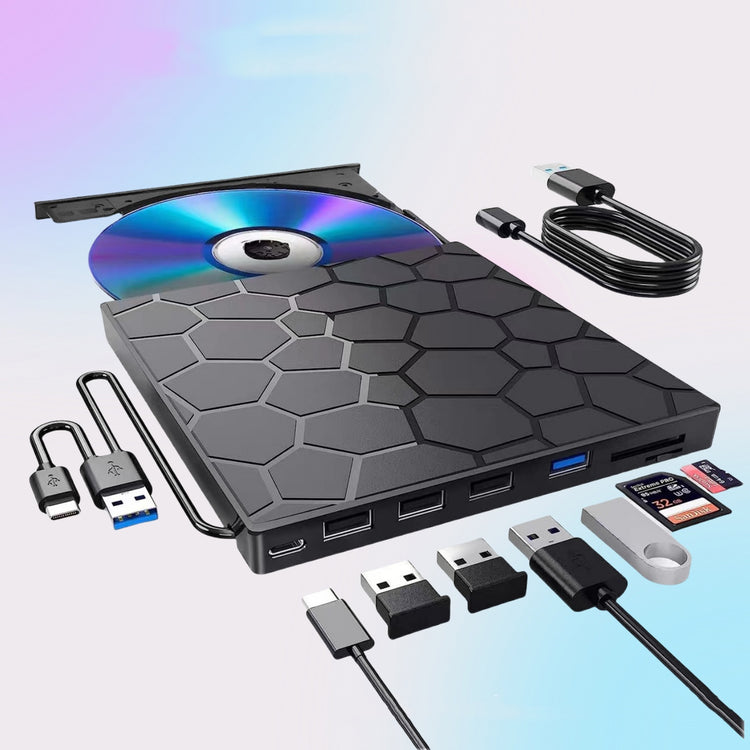 a black device with a cd and usb cables