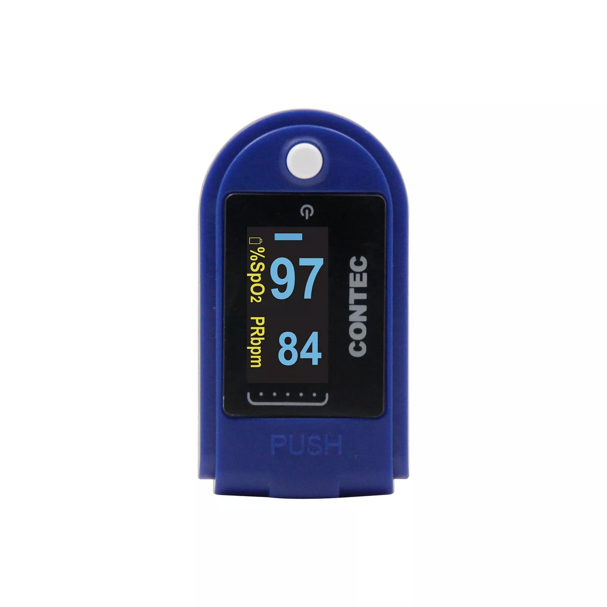 a blue device with a screen and numbers on it