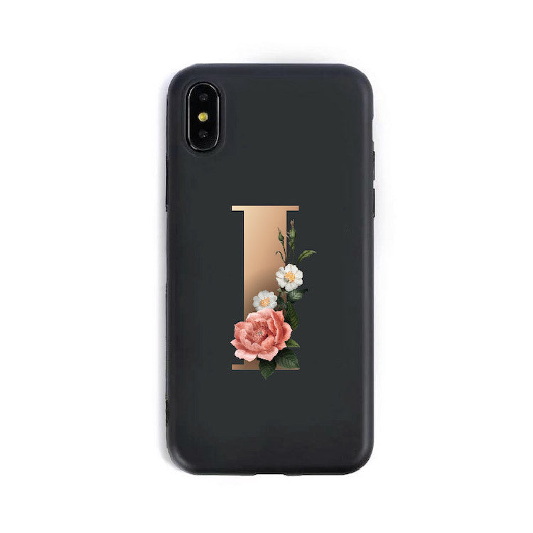 a black phone case with a letter on it