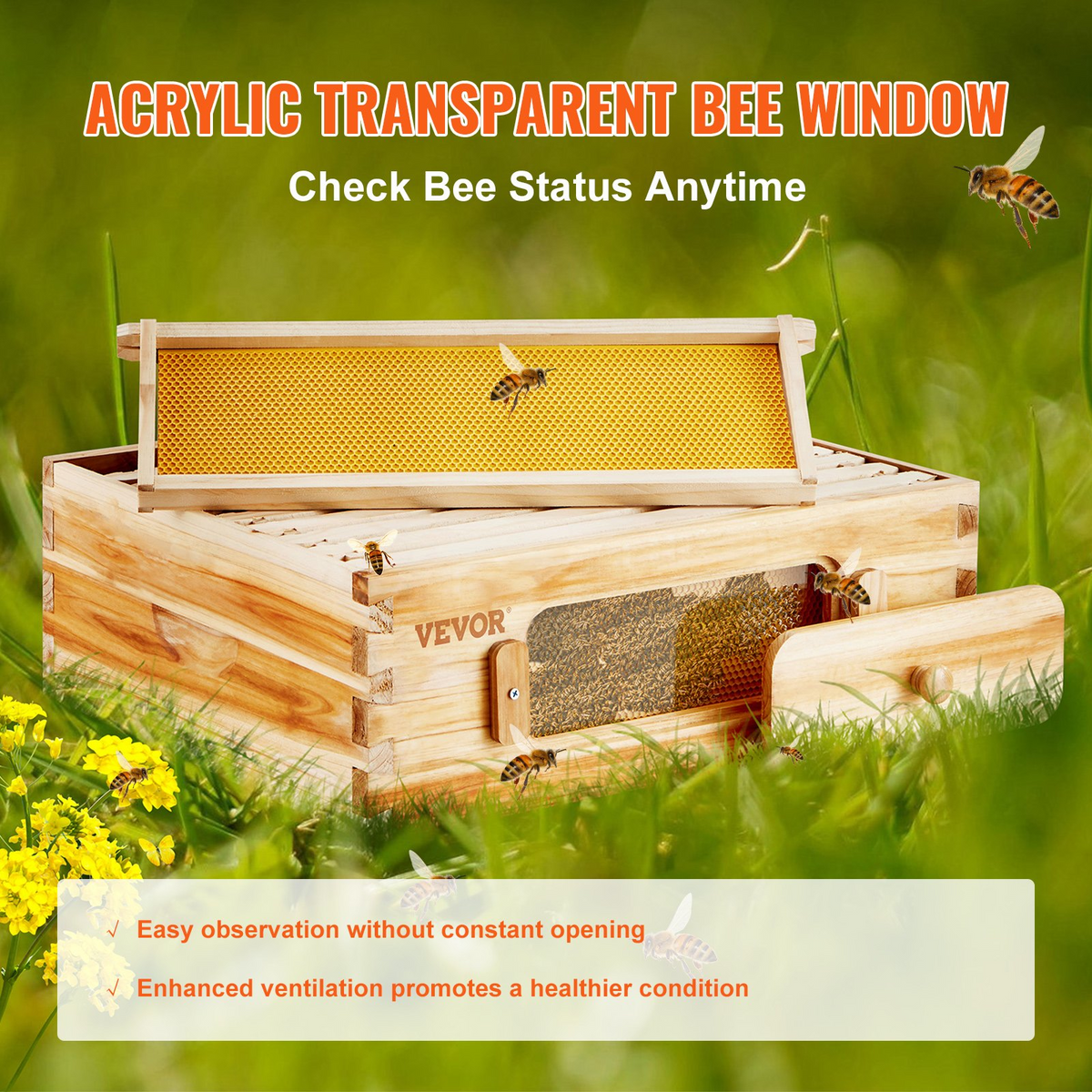 a wooden box with bees on it