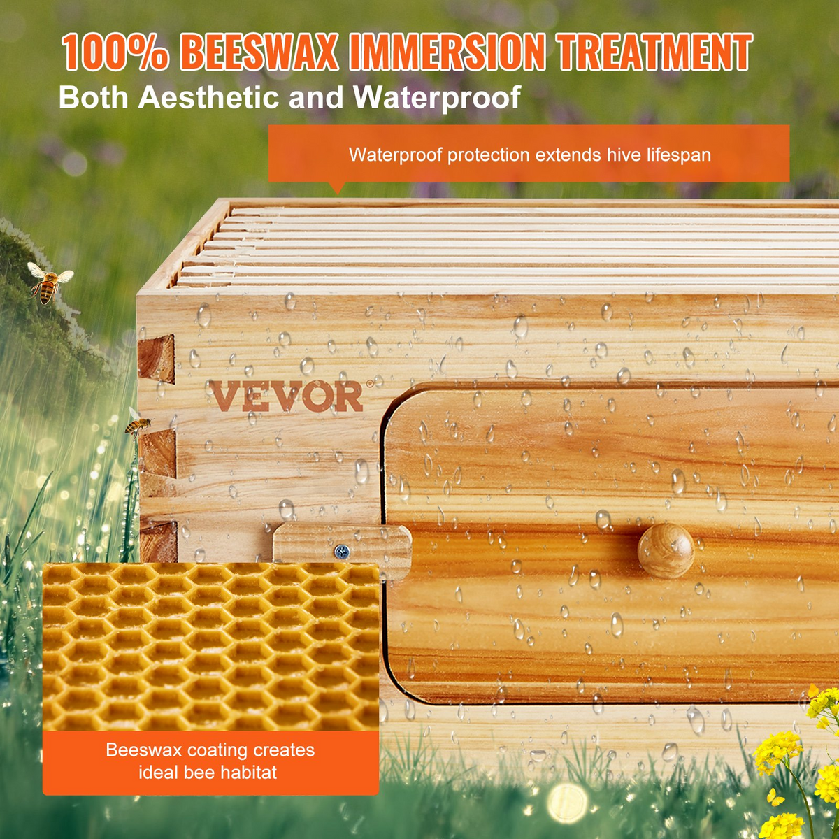 a wooden box with a bee hive in the background