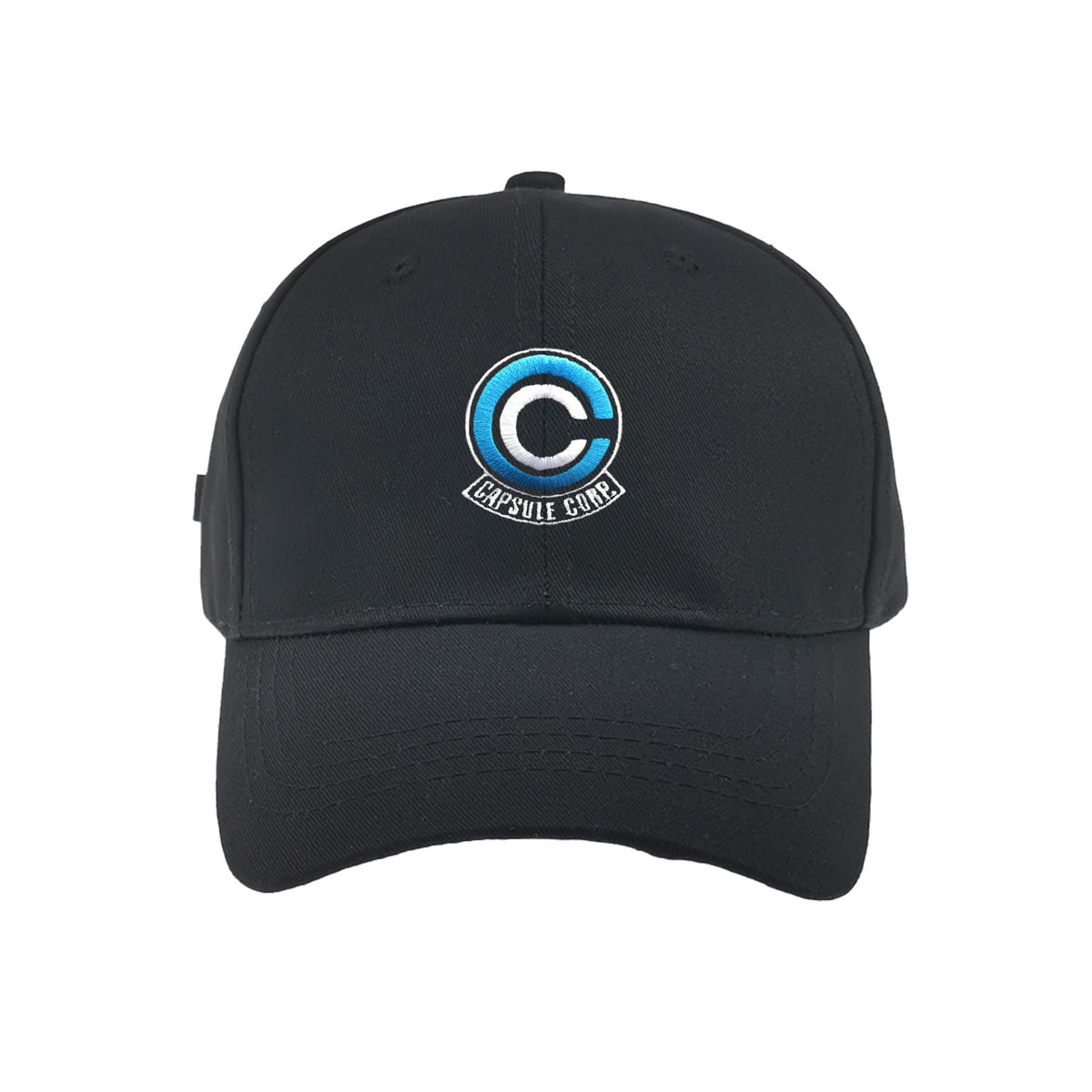 a black hat with a blue circle on it