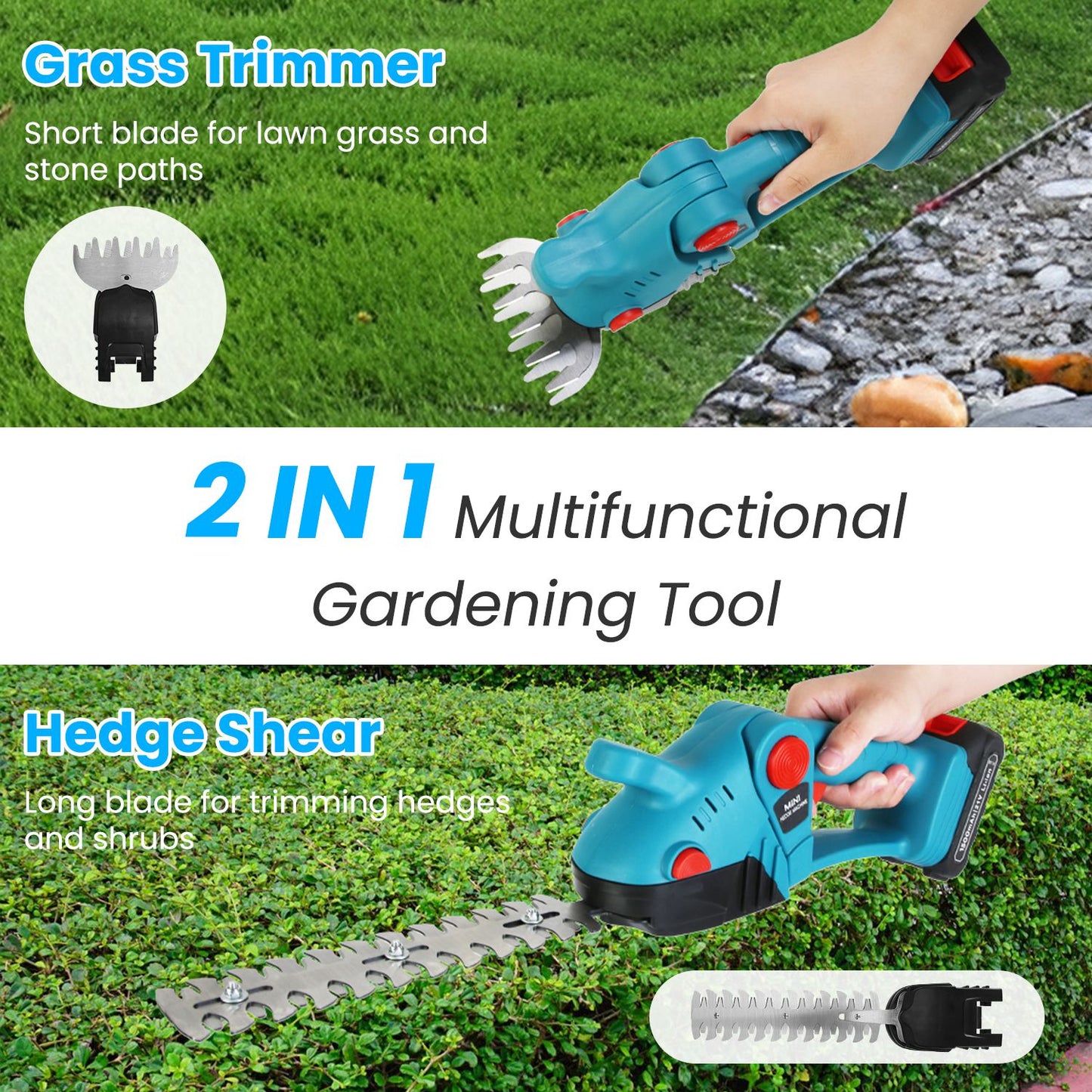 1Set Pole Mini Hedge Trimmer And Grass Shear Electric Cordless Handheld Hedge Trimmer With 90Degree Rotatable Head Telescopic Extension Pole Gloves Goggles 2Pcs 21V Batteries