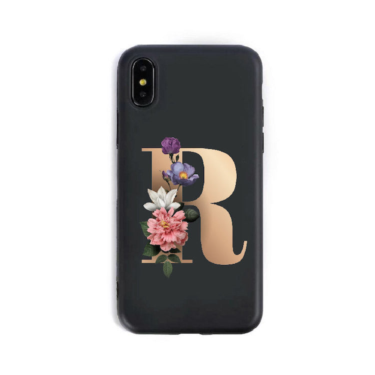 a black phone case with a letter on it