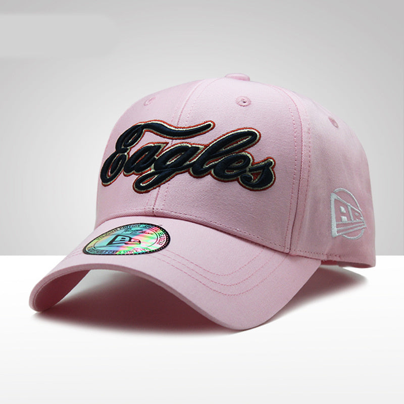 a pink hat with black text