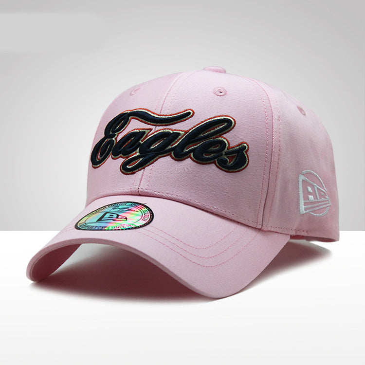 a pink hat with black text
