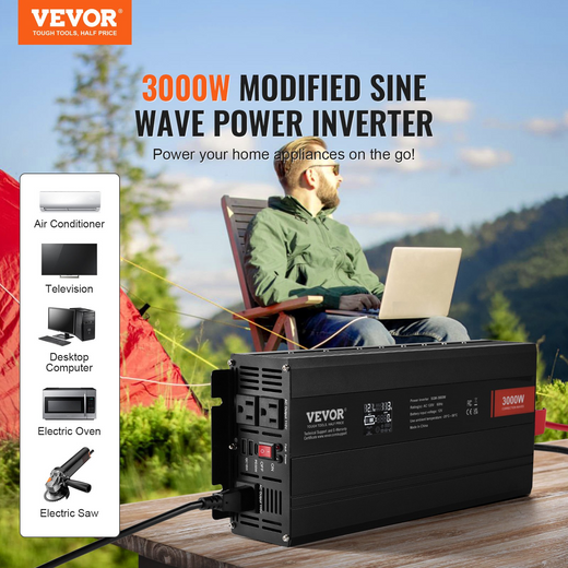 VEVOR Modified Sine Wave Inverter, 3000W, DC 12V to AC 120V - LCD Display, 3 AC Outlets, 2 USB Ports, 1 Type-C Port, 10 Spare Fuses