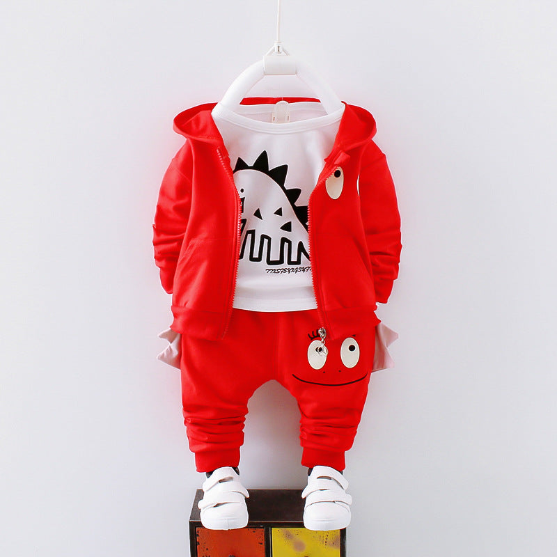 a red jacket and pants on a white wall