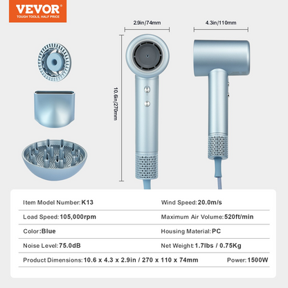 VEVOR High-Speed Hair Dryer with 105,000RPM Brushless Motor, 200 Million Negative Ions Hair Blow Dryer, 4 Temps & 3 Speeds, LCD Display Thermo-Control Hairdryer with Diffuser & Nozzle for Home Travel