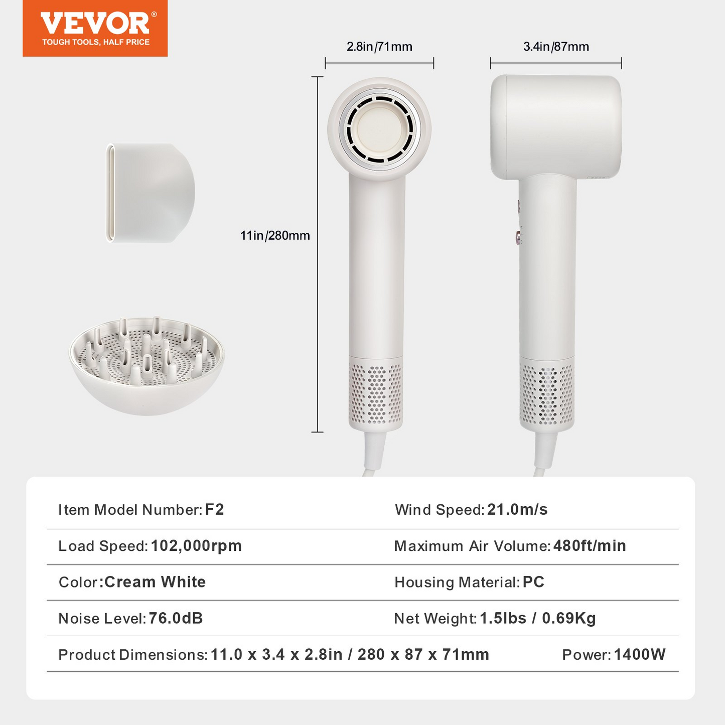 VEVOR High-Speed Hair Dryer with 102,000RPM Brushless Motor, 200 Million Negative Ions Hair Blow Dryer, 3-Color Temp LED Lights & 2 Speeds, Lightweight Hairdryer with Diffuser & Nozzle for Home Travel
