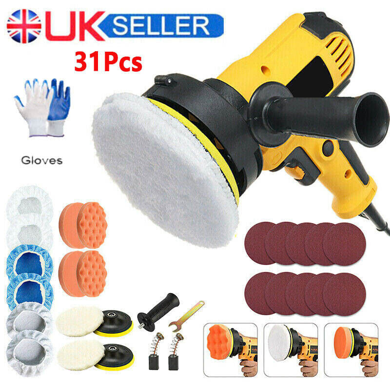 a yellow and black power tool with white pad and different types of pads