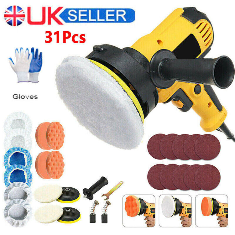 a yellow and black power tool with white pad and different types of pads