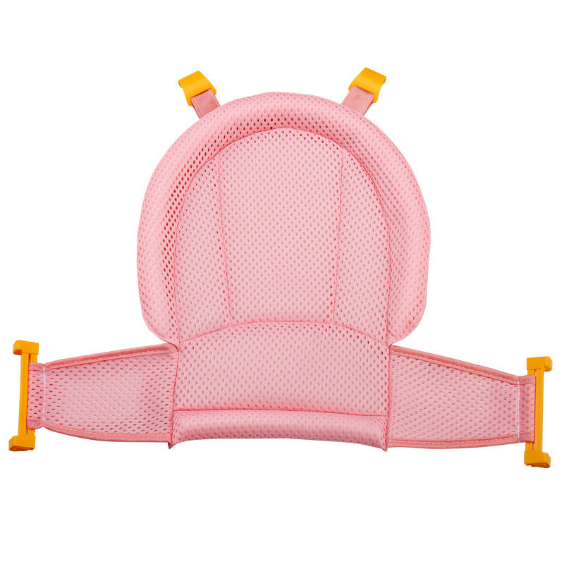 a pink baby seat with yellow handles