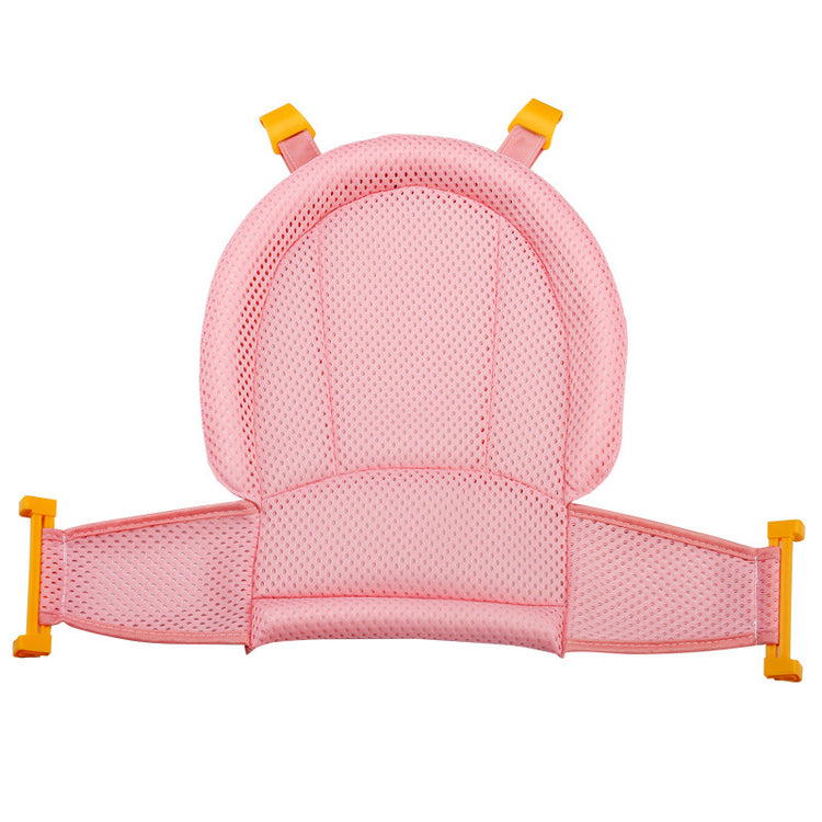 a pink baby seat with yellow handles