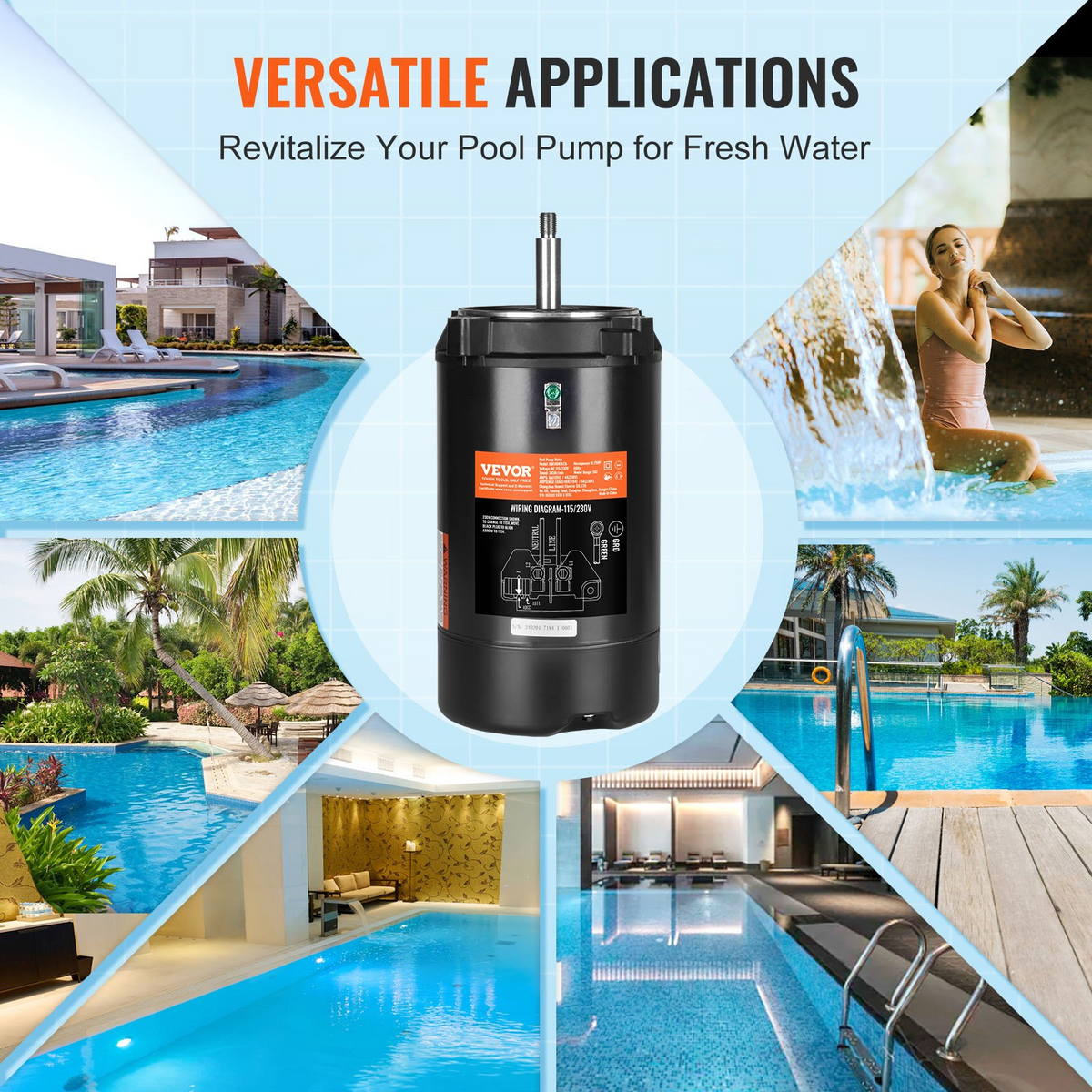 a collage of images of a pool and a pump