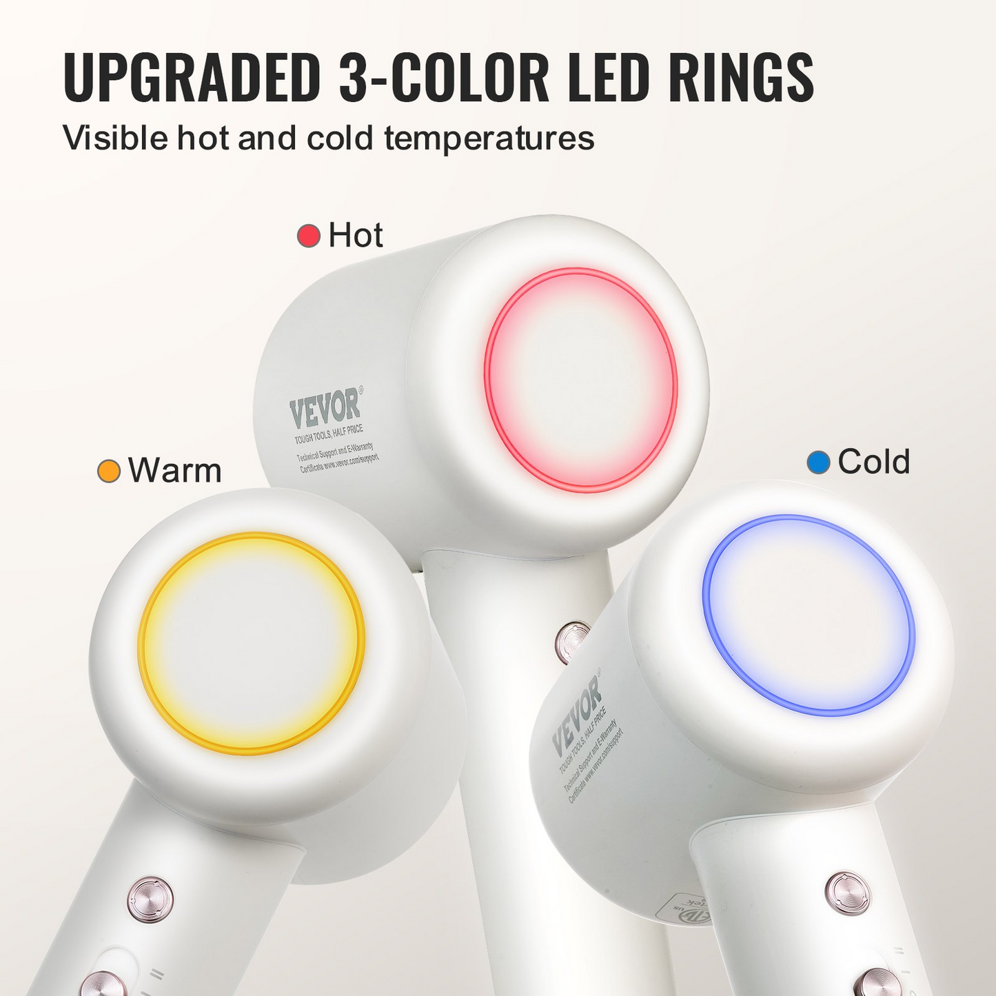 VEVOR High-Speed Hair Dryer with 102,000RPM Brushless Motor, 200 Million Negative Ions Hair Blow Dryer, 3-Color Temp LED Lights & 2 Speeds, Lightweight Hairdryer with Diffuser & Nozzle for Home Travel