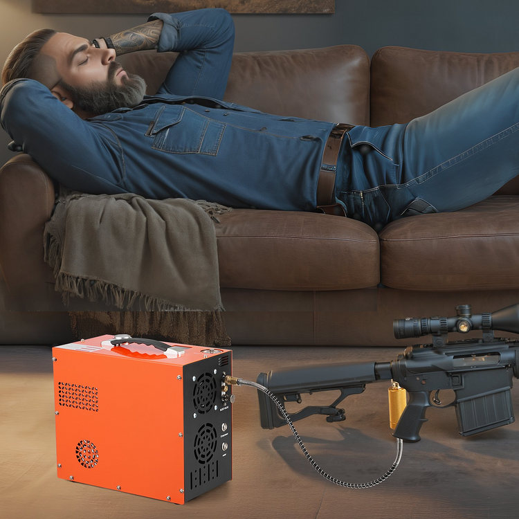 a man lying on a couch with a gun attached to his head