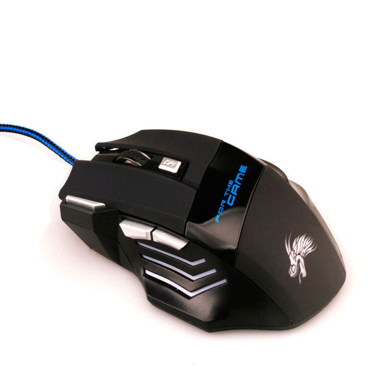 a black computer mouse with blue cord
