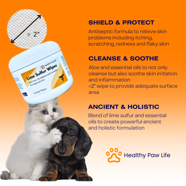 Healthy Paw Life’s Lime Sulfur Wipes - Relief for Itching, Scratching, and Redness - Infused with Lime Sulfur, Aloe & Essential Oils - Skin Care Solution for Pets (50ct, 2" Skin Soothe Wipes)