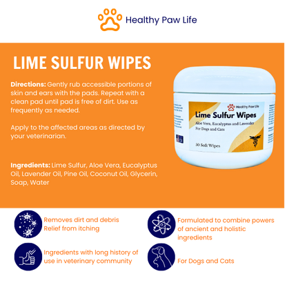 Healthy Paw Life’s Lime Sulfur Wipes - Relief for Itching, Scratching, and Redness - Infused with Lime Sulfur, Aloe & Essential Oils - Skin Care Solution for Pets (50ct, 2" Skin Soothe Wipes)