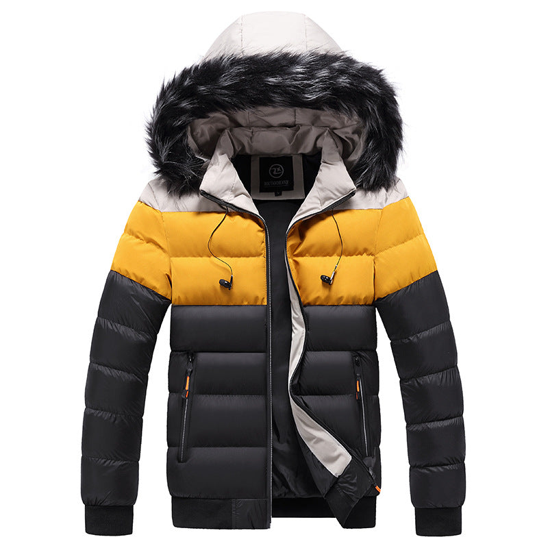 a black and yellow coat with a fur hood