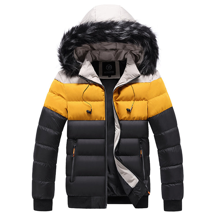 a black and yellow coat with a fur hood