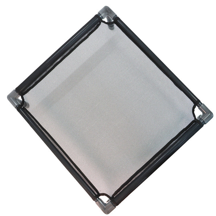 a black mesh square with black metal corners