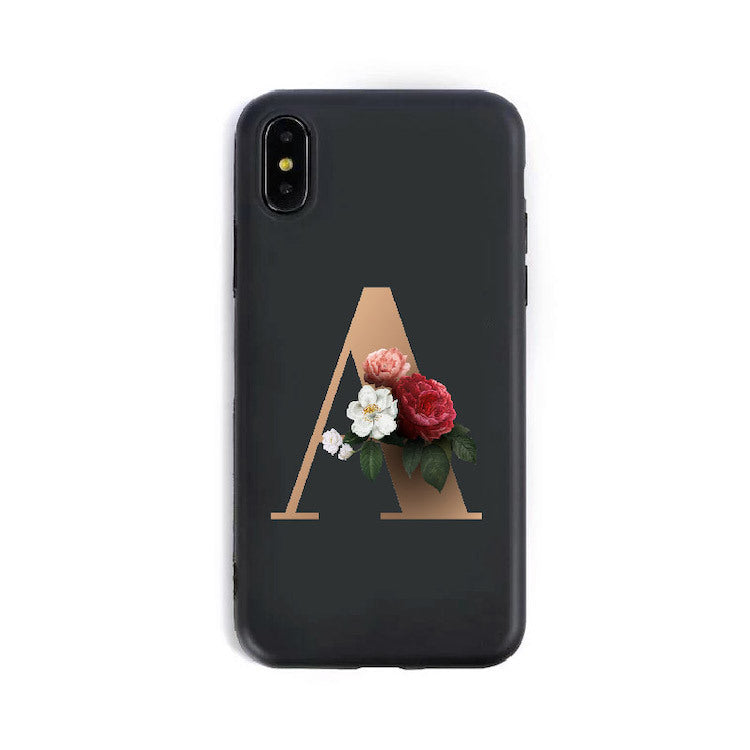 a black phone case with a letter on it