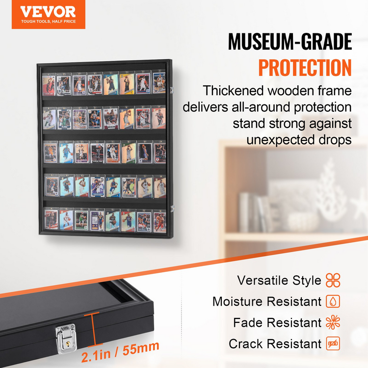 a display case with pictures of cards