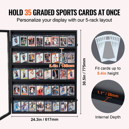 VEVOR 35 Graded Sports Card Display Case, 24.3x30.5x2.1 in, Baseball Card Display Frame with 98% UV Protection Clear View PC Glass, Lockable Wall Cabinet for Football Basketball Hockey Trading Card